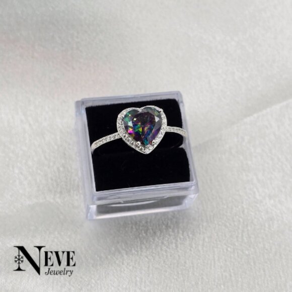 Sterling Silver 925 Halo Mystic Topaz Heart Shape Ring - Picture 2 of 3